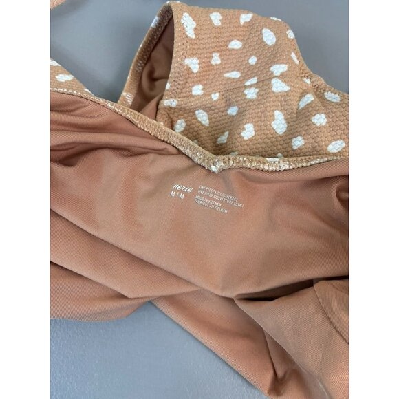 Aerie women's medium‎ tan white dot one piece full coverage swimsuit halter tie - Picture 7 of 8